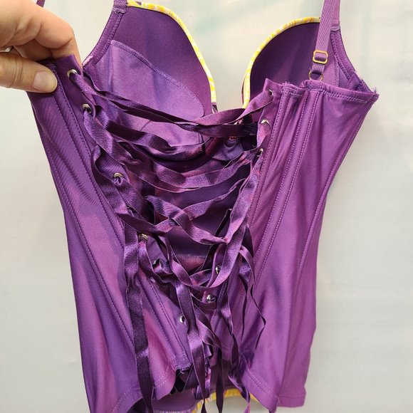 Fredericks of Hollywood Corset Lace up Back Purple Yellow Womens Small - Picture 5 of 11